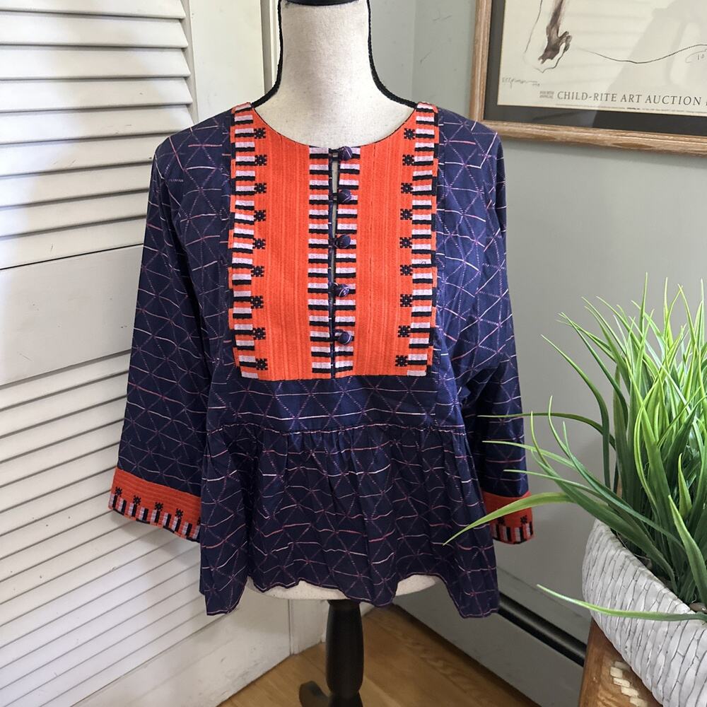 Apiece Apart Tunic Top Womens 10 Blue Orange Geometric Print Boho Folk Art Chic